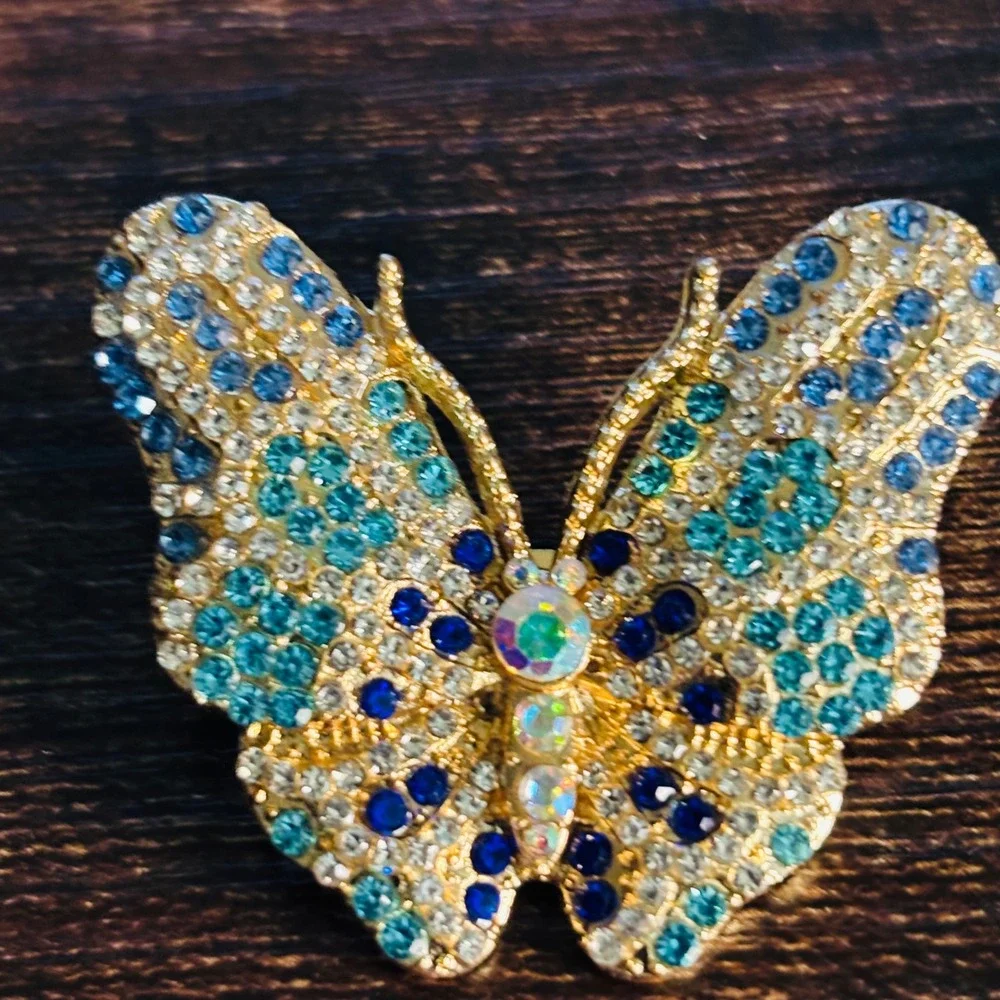 Gold Tone Blue Teal Rhinestone Butterfly Brooch Pin Statement Jewelry